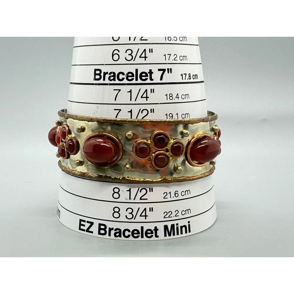 Vintage Boho red Cabochon Studded Bangle Bracelet Hammered Silver Tone Statement
